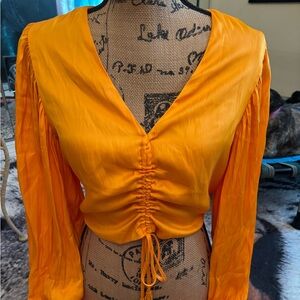 cupcakes & cashmere Cropped Ruched V-Neck Long-Sleeve Top — Bright Orange